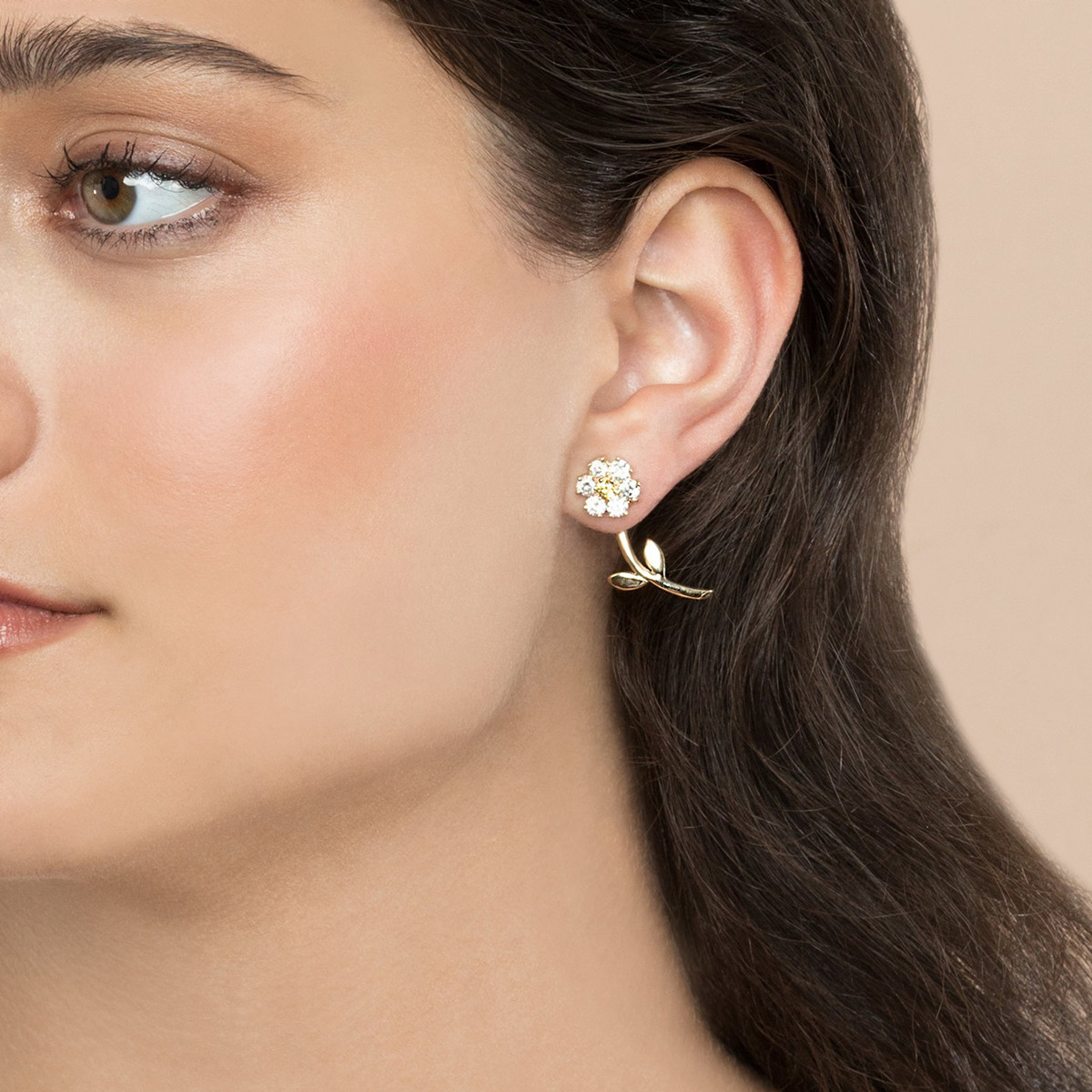 French Style Flower Brass Ear Studs Flowers Gem Copper Earrings