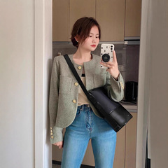 编织粗花呢2025秋季新品短外套女复古绿圆领正肩显瘦