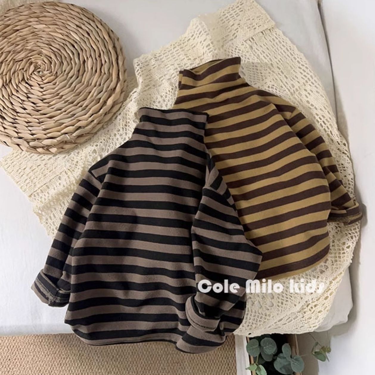 Cross-border children's high-neck German wool warm base layer shirt for boys and girls, autumn and winter retro Mori style striped outerwear
