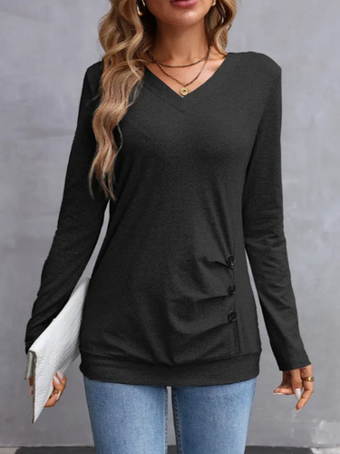 New independent station European and American spring and autumn new solid color long-sleeved button casual T-shirt