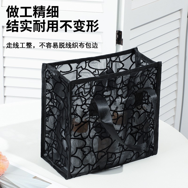 Bolsa de lavado de viaje portátil de alto valor facial bolsa de maquillaje amor bolsa de playa bolsa de almacenamiento de flocado bolsa de ropa hilo de malla transparente
