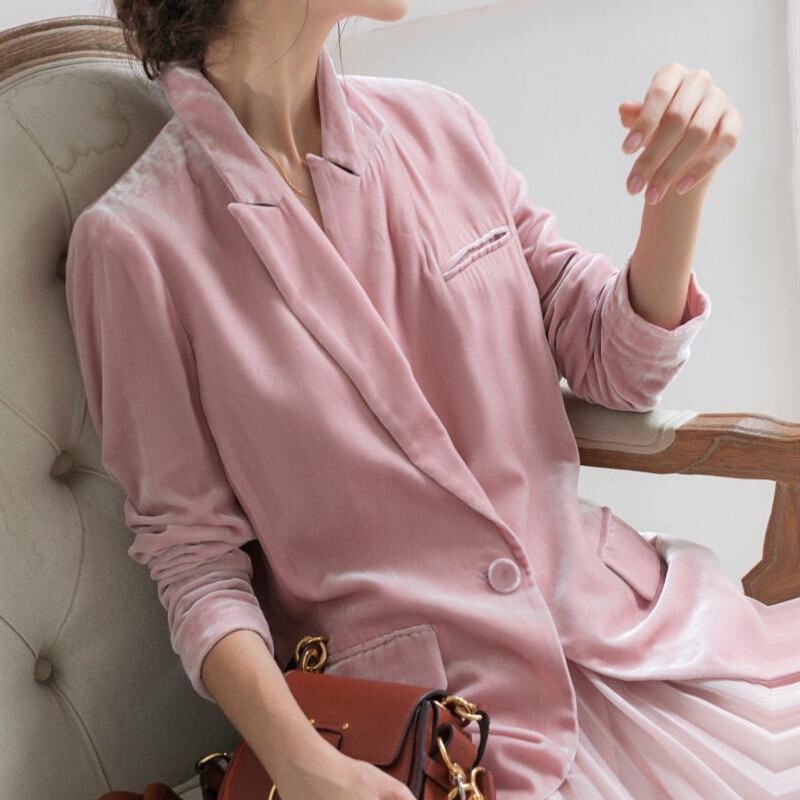 in stock Pink Velvet Small Suit Women's Korean-style OL Loose Straight Waist Laps One Button Coat Women