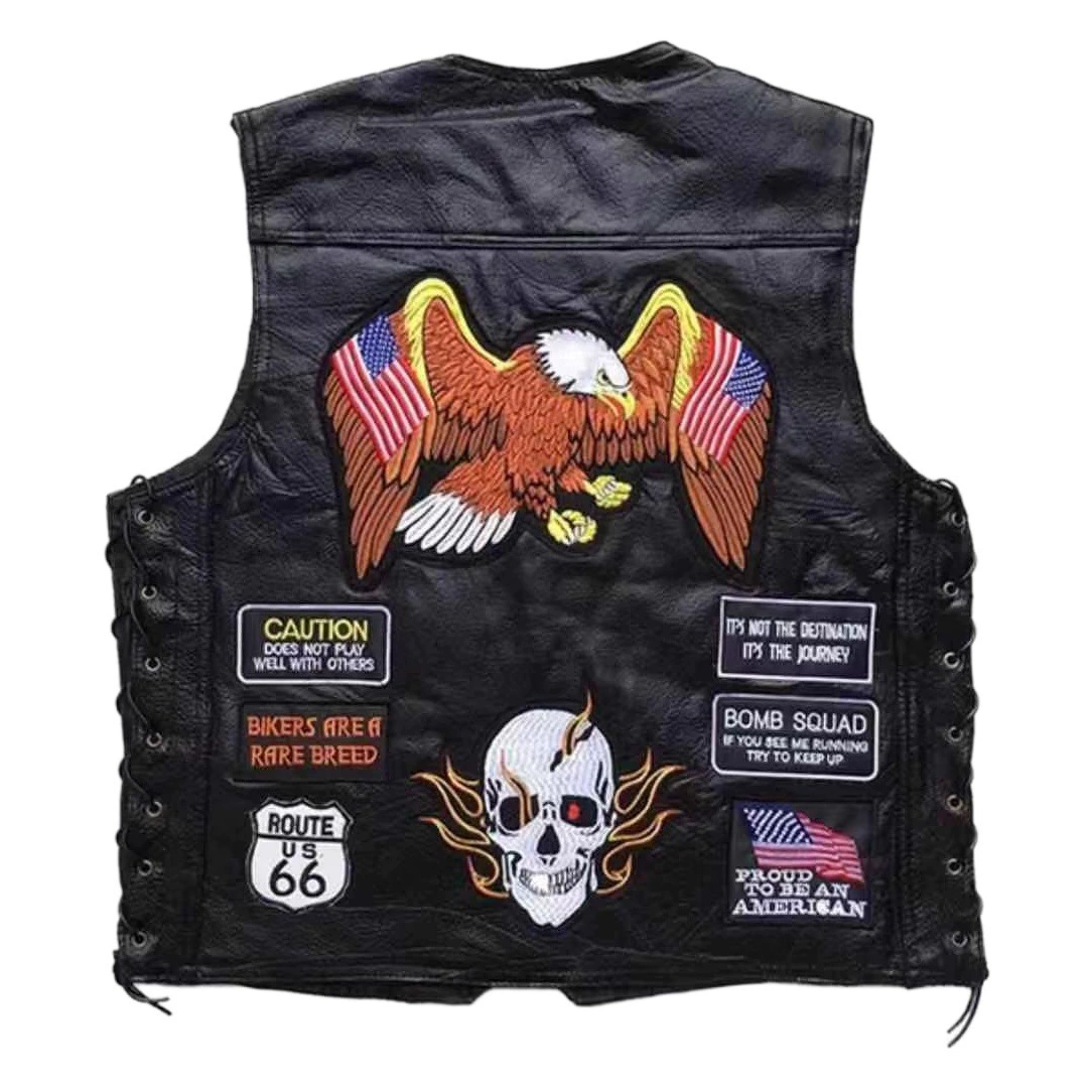 Европейский и американский модный мотоциклетный жилет, кожаный жилет, мужской кожаный жилет с вышитым значком, чистая версия, различные жилеты