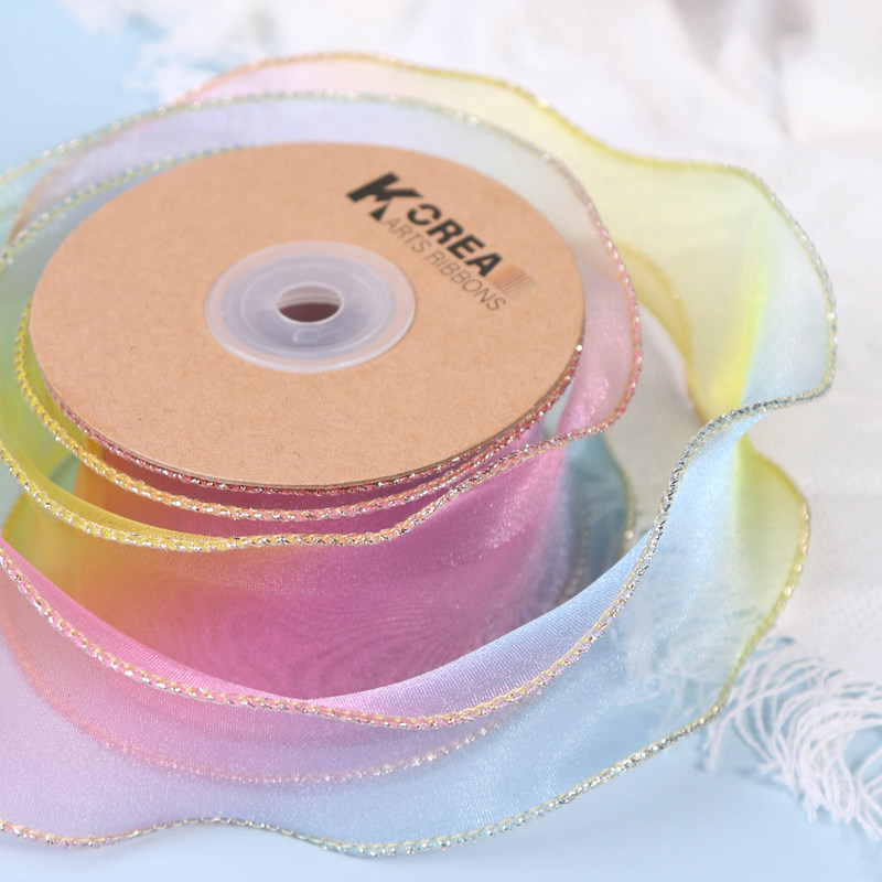 Gold-Edge Gradient Tulle Ribbon DIY Bow Hair Accessory Flower Shop Fresh Flowers Wedding Hand Bouquet Fish Tail Ribbon