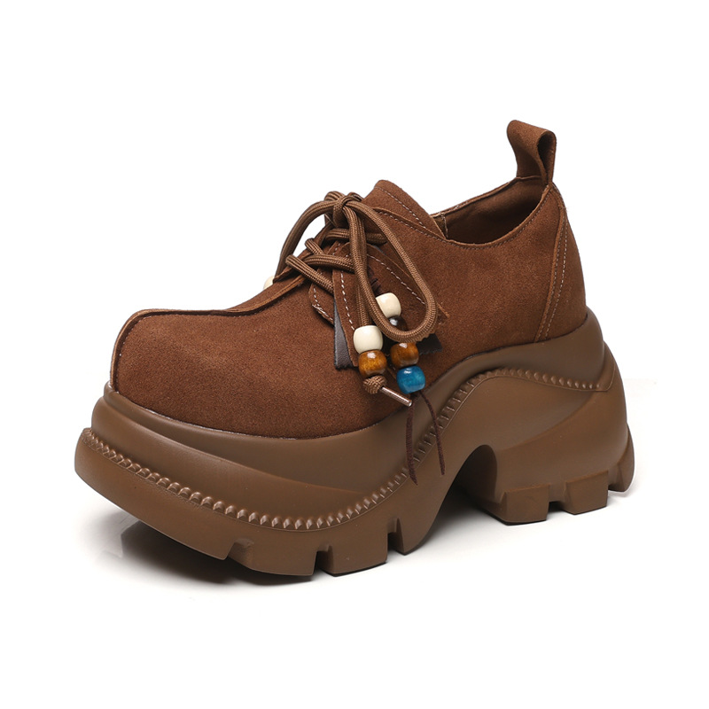 Giày lười nữ đế xuồng cao platform phong cách JK preppy thanh lịch, đế dày — nâu