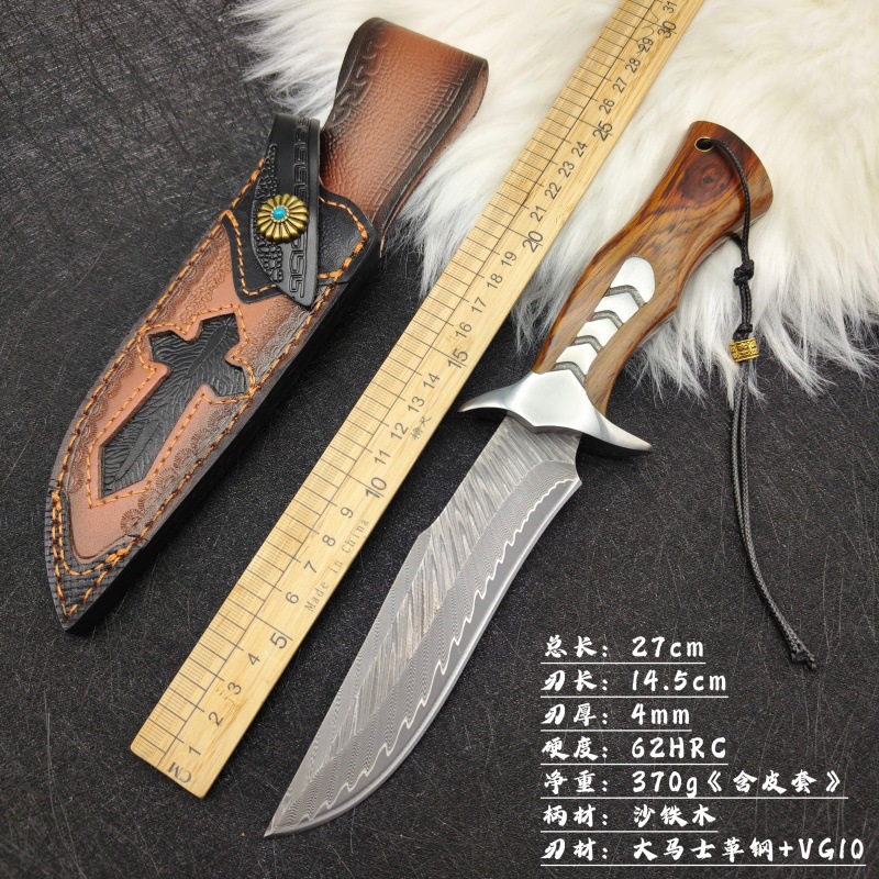 【十字军】户外直刀大马士革钢高硬度露营登山随身锋利多功能批发