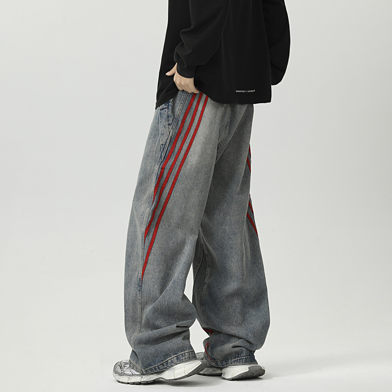 American-style Striped Tooling Jeans Boys Trendy Brand New Loose Straight Wide Leg High-street Puppy Handsome Casual Long Pants