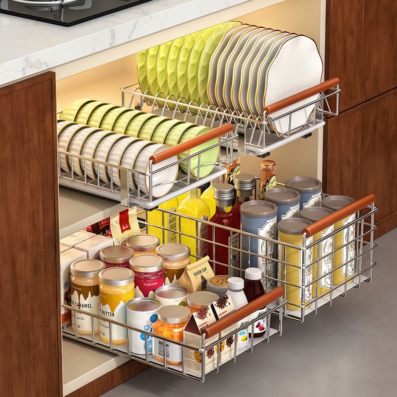 Stainless Steel Kitchen Dish Rack Pull-Out Dish Storage Rack under Cabinet Pull-Out Basket Drawer-Type Plate Draining Rack