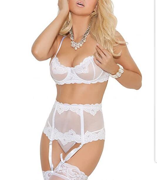 2021 Foreign Trade Elegant Moment Ladies White Lace Bra Garter and Thong Set 2021 Foreign Trade Elegant Moment Ladies White Lace Bra Garter and Thong Set
