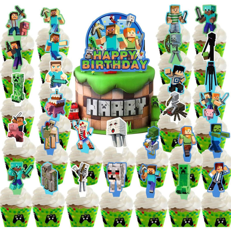 30 個ピクセルカップケーキインサートカードピクセルワールドトッパー子供のパーティーの装飾漫画パーティーのテーブルセッティング|undefined