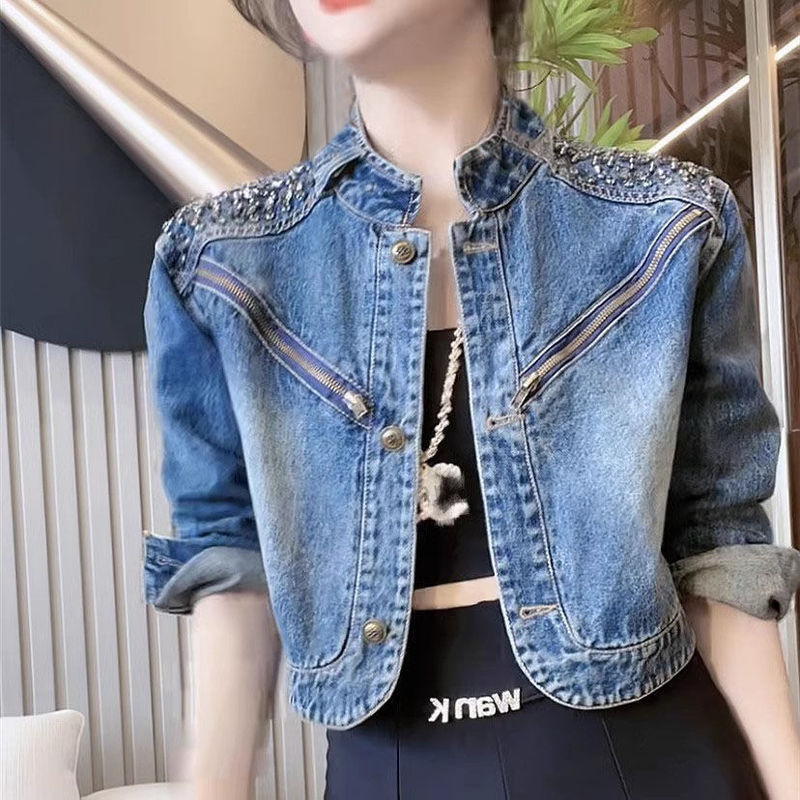2026 Short European-Style Rhinestone-Embellished Early Autumn Women's New Denim Short Jacket for Women, Spring and Autumn, High-End, Super Stylish and Unique