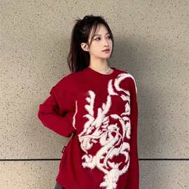 2026新年红色提花软糯圆领保暖厚毛衣针织衫外套