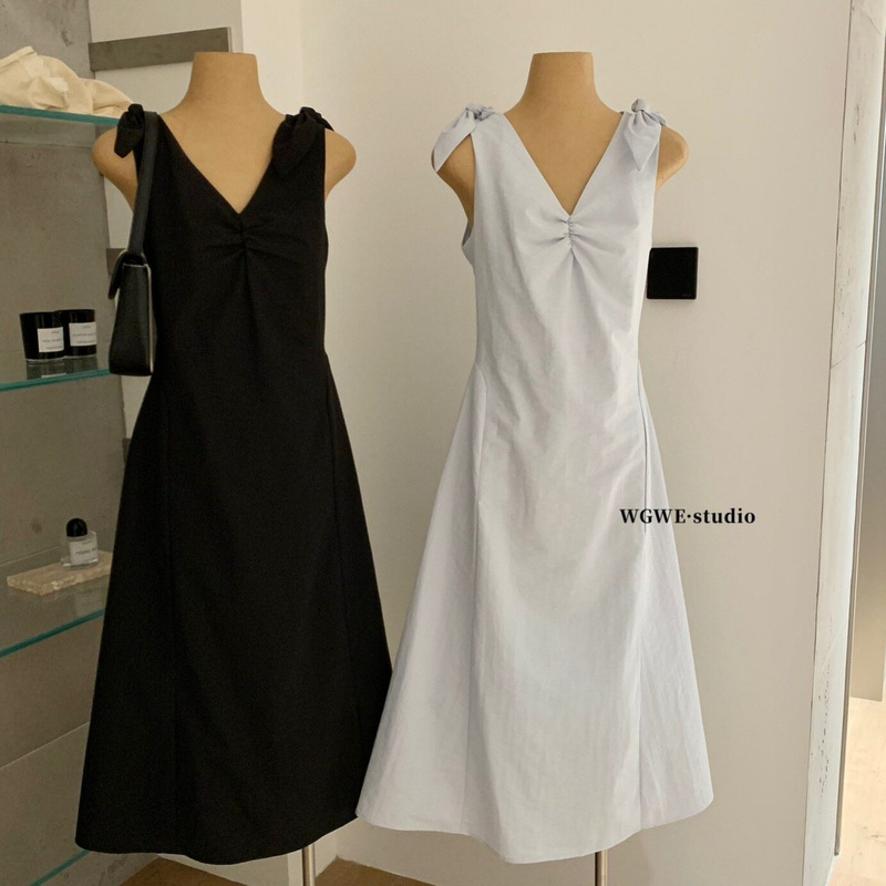 Wgwe Summer Korean Style Simple and Elegant Versatile Slimming Bow V-Neck A-Line Sleeveless Dress for Women W9266