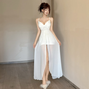 Low cut mesh patchwork slimming camisole dress