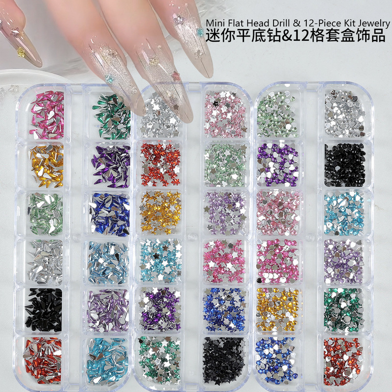 Mini Flat-Back Rhinestones 12-Grid Set Box Nail Art Decorations Stars Hearts Water Drops DIY Colorful Rhinestones Nail Accessories