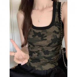 美式辣妹短款迷彩吊带背心女早春外穿设计感小众内搭美背无袖上衣