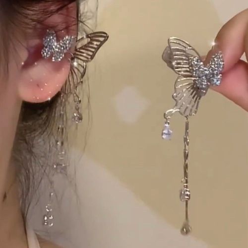 Sweet and cool butterfly tassel ear bone clip without pierced ears for women niche design new front and back style round face  new style
