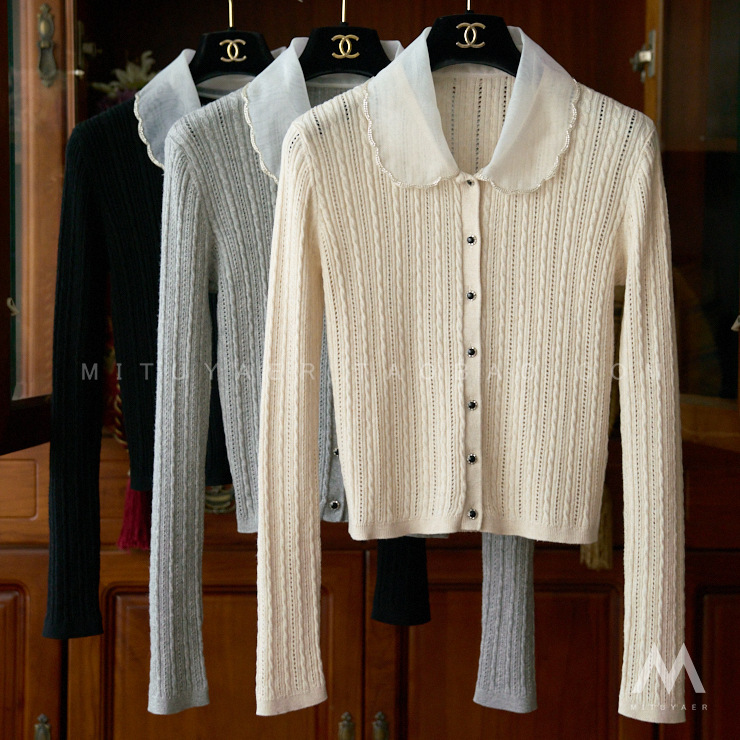 Sweet age-reducing, Yan value online beaded organza doll collar twist hollow knit cardigan