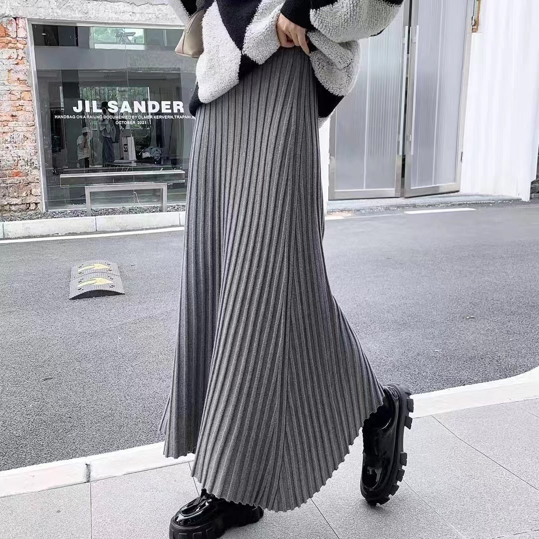 跨境新款秋冬新款时尚坑条针织半裙女简约纯色百搭气质半身长裙女