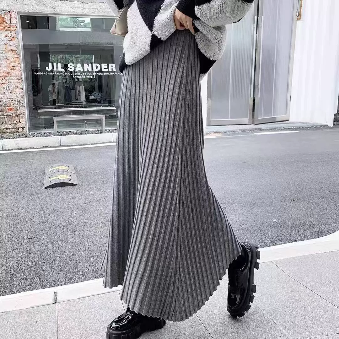 跨境新款秋冬新款时尚坑条针织半裙女简约纯色百搭气质半身长裙女