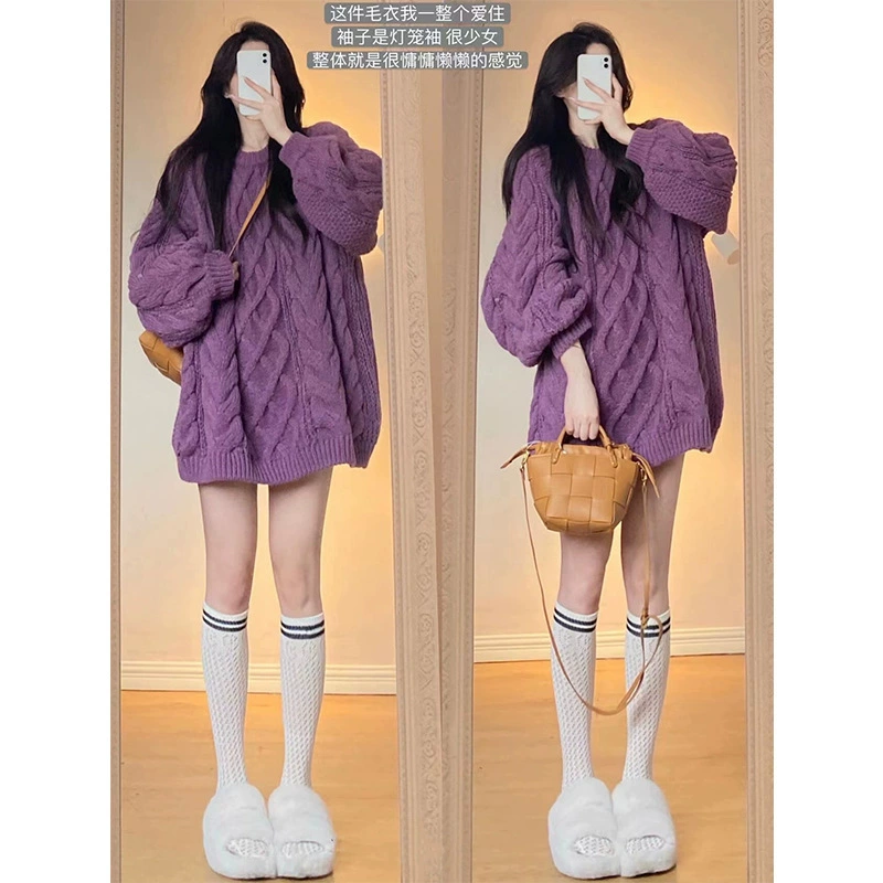 Осенний фиолетовый кокеточный свитер oversize женский, уютный стиль высокого качества