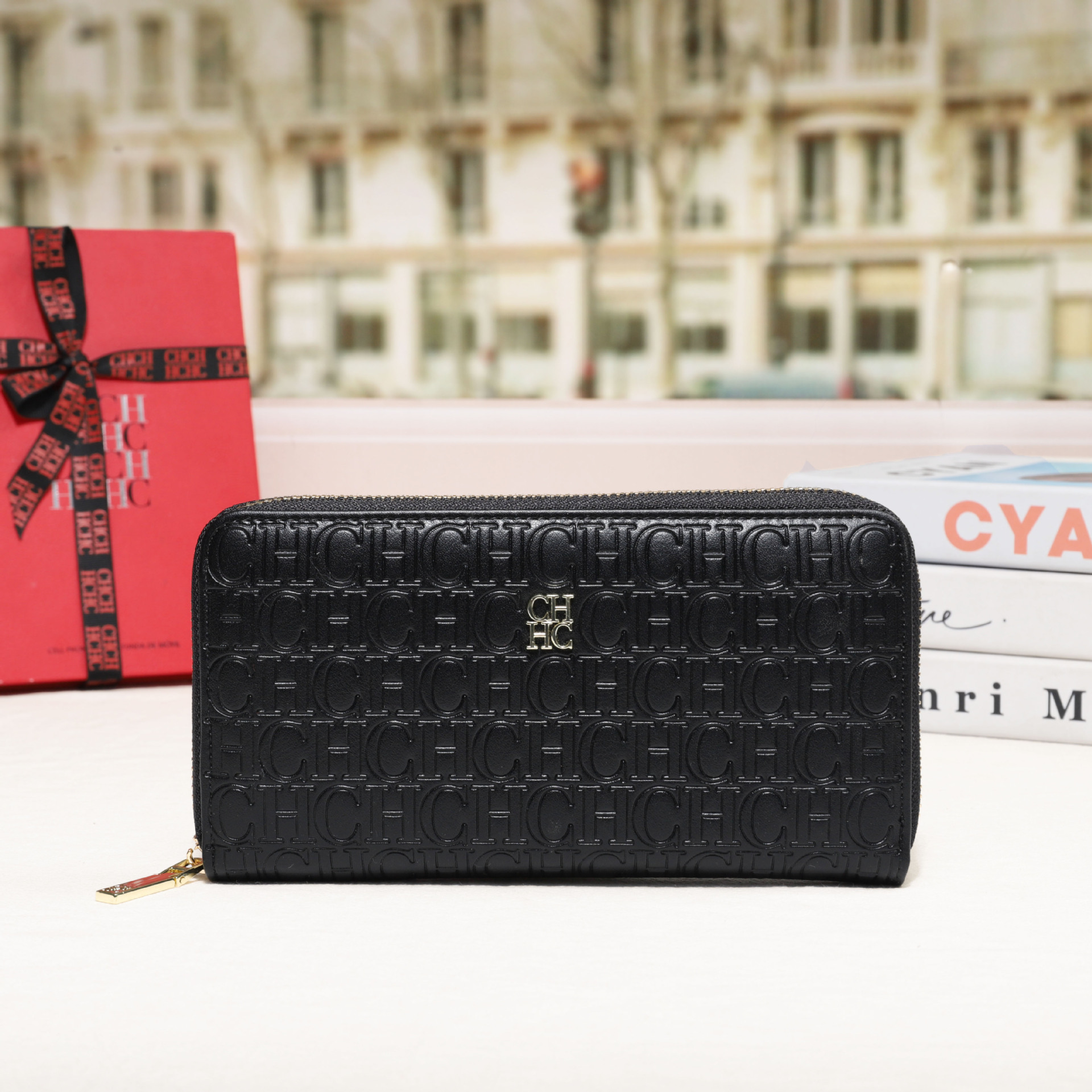 CHHC nuevo bolso 2025 moda femenina billetera con cremallera clásica textura real bolso largo unisex