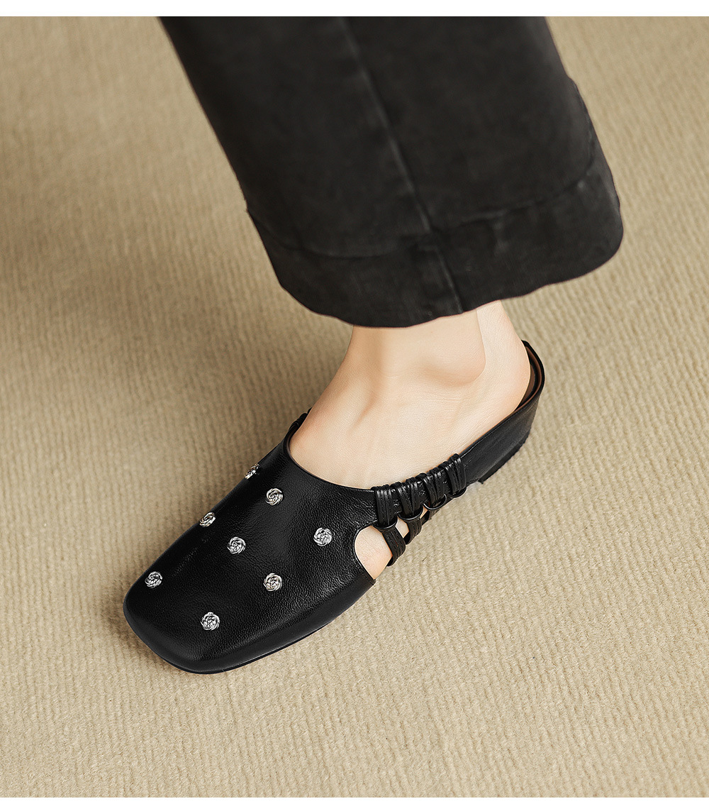 Dép sandal nữ quai chữ V mũi hoa, gót xuồng da dê, đế bệt thoải mái — đen chi tiết 19