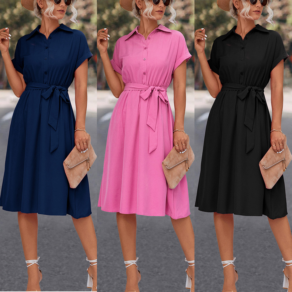 Women's A-line Skirt Elegant Shirt Collar Belt Short Sleeve Solid Color Maxi Long Dress Street display picture 1