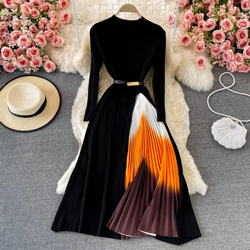 Elegant Socialite Black Long-Sleeved Fake Two-Piece Knitted Pleated Dress 2025 Autumn and Winter Elegant Long Skirt Elegant Socialite Black Long-Sleeved Fake Two-Piece Knitted Pleated Dress 2025 Autumn and Winter Elegant Long Skirt