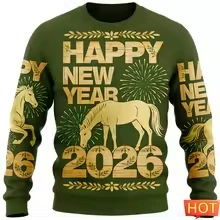 2026年新款马图案新年运动衫男士时尚街头装3D打印假日连帽衫休闲