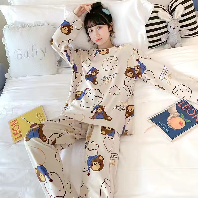 Pijama de manga larga de primavera y otoño simple coreano estilo de estilo avanzado joven suelto cuello redondo en casa otoño y invierno conjunto