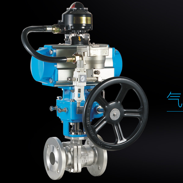 手动轮气动硬密封O型法兰切断流量控制比例球阀门
