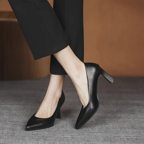 2024 black professional work single-layer shoes, flight attendant formal dress etiquette high heels, work women's shoes, ultra-high heels, slip-feet