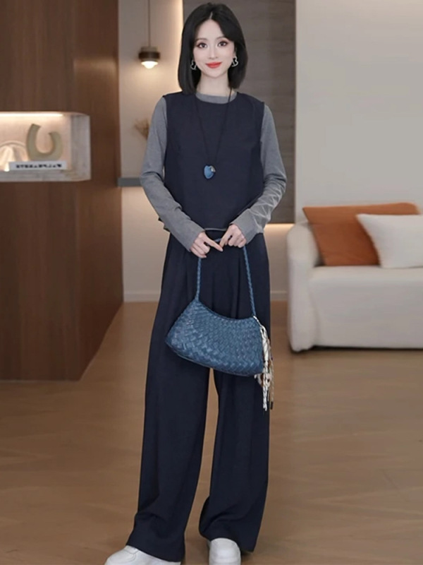 时尚休闲套装女2025秋季新款气质显瘦马甲长袖打底衫阔腿裤三件套|undefined