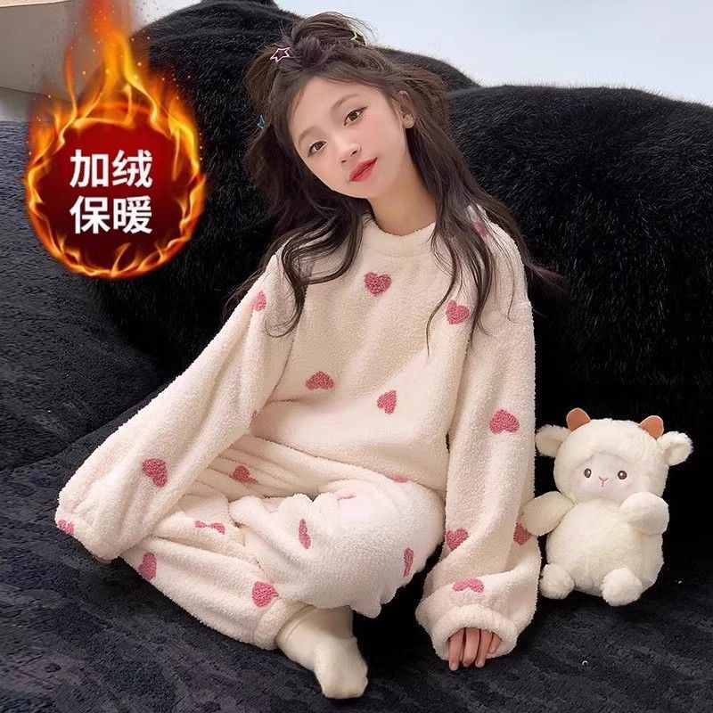 Cross-border girls' winter pajamas 2026 new style, children's girls coral fleece, big girls' fleece-lined and thickened flannel home wear