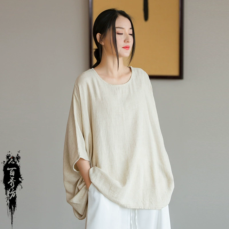 Новинка осени/зимы 2025: Легкая женская футболка из льна Nianbaixiu с художественным дизайном, свободного кроя, рукавами «летучая мышь» и защитой от солнца