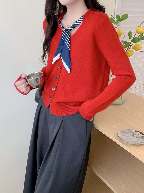 2025秋季新款针织毛衫女士V领丝巾针织开衫宽松显瘦长袖衬衣上衣|undefined