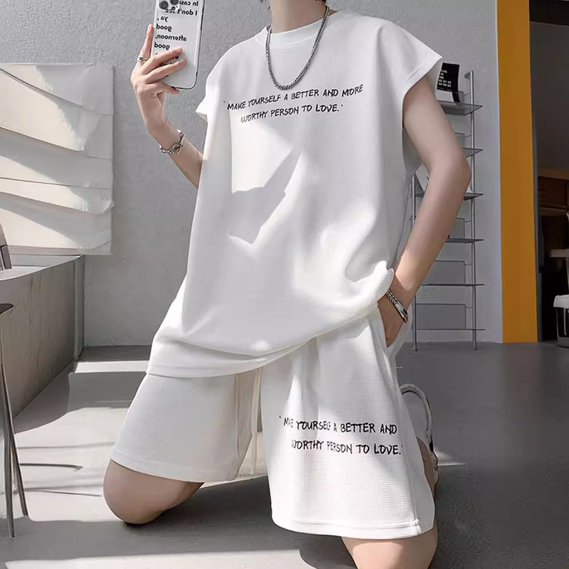 Summer Thin Suit Men's Sleeveless T-Shirt Vest Trendy Brand Large Size Casual Sports Quick-Drying Three-Quarter Pants Two-Piece Set