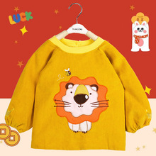 儿童罩衣纯棉灯芯绒款宝宝防水吃饭衣反穿衣婴儿围兜护衣可爱长袖