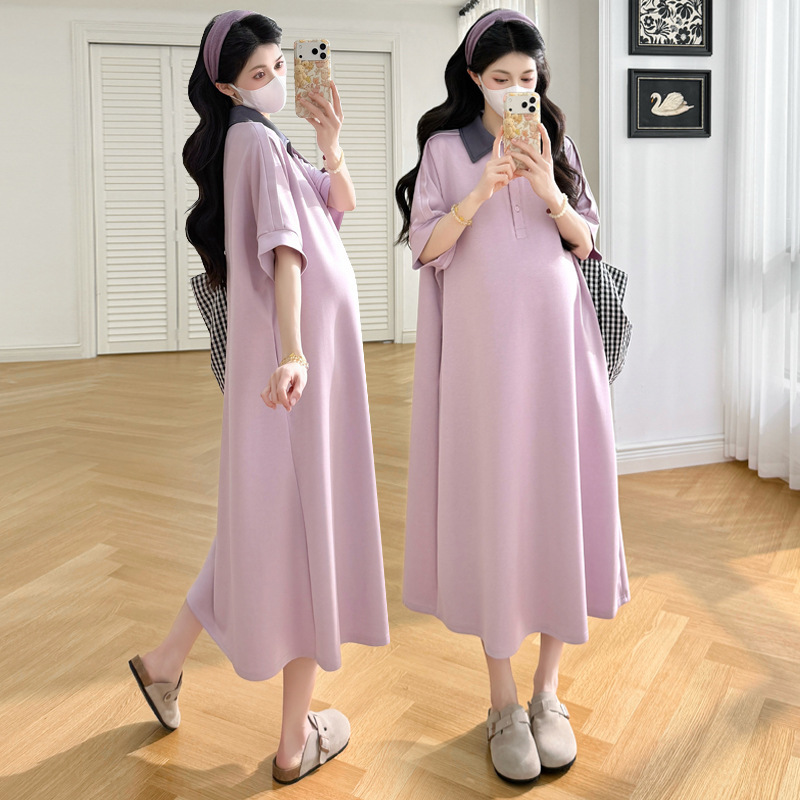 Maternity Summer Polo Collar Long Dress, Loose and Comfortable for Going Out, Gentle Style for Pregnancy Wear, Wholesale and Dropshipping Maternity Summer Polo Collar Long Dress, Loose and Comfortable for Going Out, Gentle Style for Pregnancy Wear, Wholesale and Dropshipping