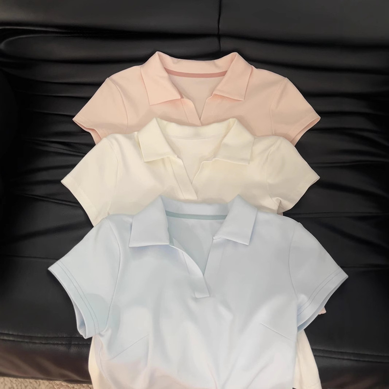 Pink Right-Shoulder Polo Collar Short-Sleeved T-Shirt for Women 2026 Summer New Style Slim Fit Waist-Cinching Lapel Top V-Neck Uniform Jk Pink Right-Shoulder Polo Collar Short-Sleeved T-Shirt for Women 2026 Summer New Style Slim Fit Waist-Cinching Lapel Top V-Neck Uniform Jk