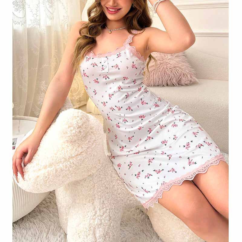 Cross-Border New Style Suspender Pajamas for Women, Summer Custom-Made Sweet Floral Homewear, Lace Collar Floral Nightgown, Wholesale in Stock Cross-Border New Style Suspender Pajamas for Women, Summer Custom-Made Sweet Floral Homewear, Lace Collar Floral Nightgown, Wholesale in Stock