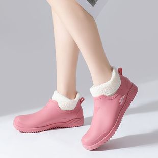 Women's Elegant Shallow Mouth Fashion Internet Popular Low-top fleece-lined Warm Short Tube Non-slip Waterproof Shoes Rubber Shoes for Hair Warm Feet