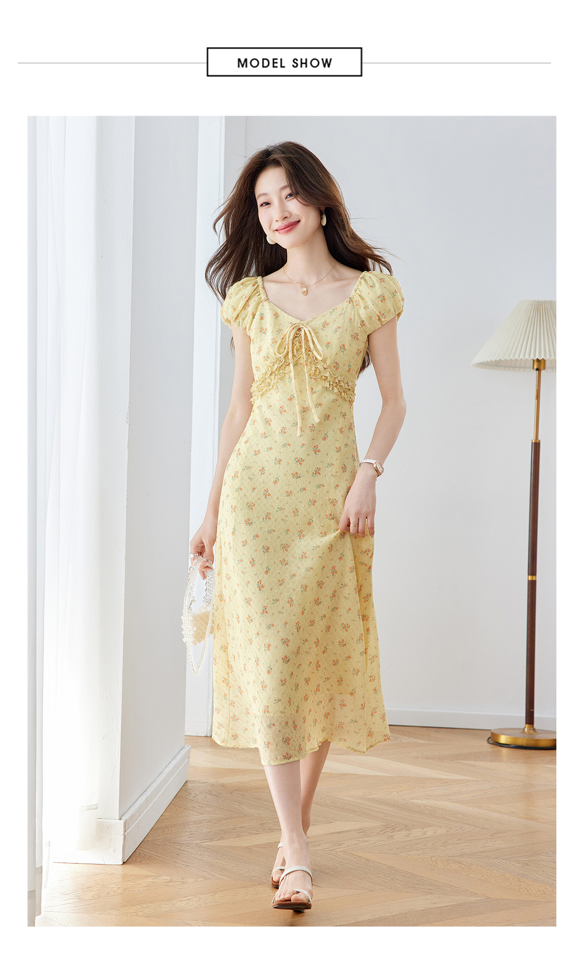 Đầm maxi nữ thắt eo cổ V họa tiết hoa nhí phong cách Pháp — màu vàng, màu đỏ chi tiết 12