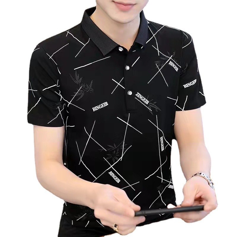 [Alta calidad] Camiseta de manga corta de los hombres de verano camisa de polo de solapa coreana moda juventud impresa más tamaño superior