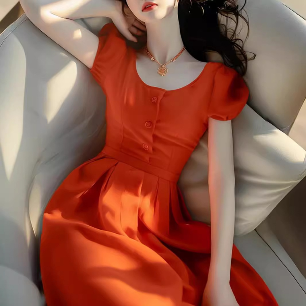 Váy dài cổ tròn tay phồng màu cam FL240395 phong cách trưởng thành nhẹ nhàng tôn dáng eo — Màu cam