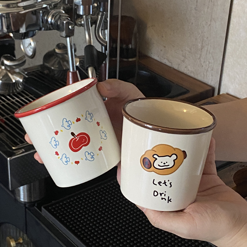 ニッチな自家製レッドアップルバードコーヒーカップシンプルな手描きのパン子犬セラミックフリップマグウォーターカップ|undefined