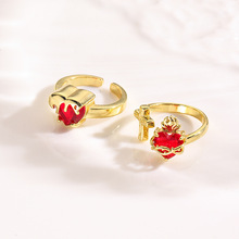 跨境时尚复古红色爱心锆石十字架开口戒指简约气质爱心可调节指环