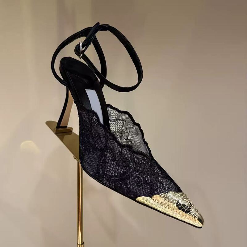 2025 New Lace Pointed-Toe Stiletto High-Heeled Sandals for Women, Fairy-Like Versatile for Weddings and Banquets, with Gold Metal Tips, Fashionable 2025 New Lace Pointed-Toe Stiletto High-Heeled Sandals for Women, Fairy-Like Versatile for Weddings and Banquets, with Gold Metal Tips, Fashionable