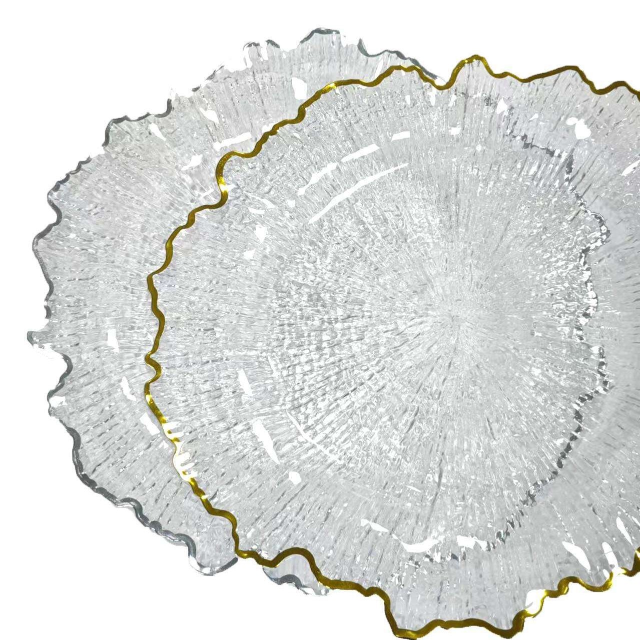 Nuevo diseño de decoración de mesa de boda plástico transparente cargador de borde irregular placa de melamina transparente redonda